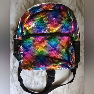 Small Bookbag Backpack Purse Reversible Rainbow to Silver Sequin